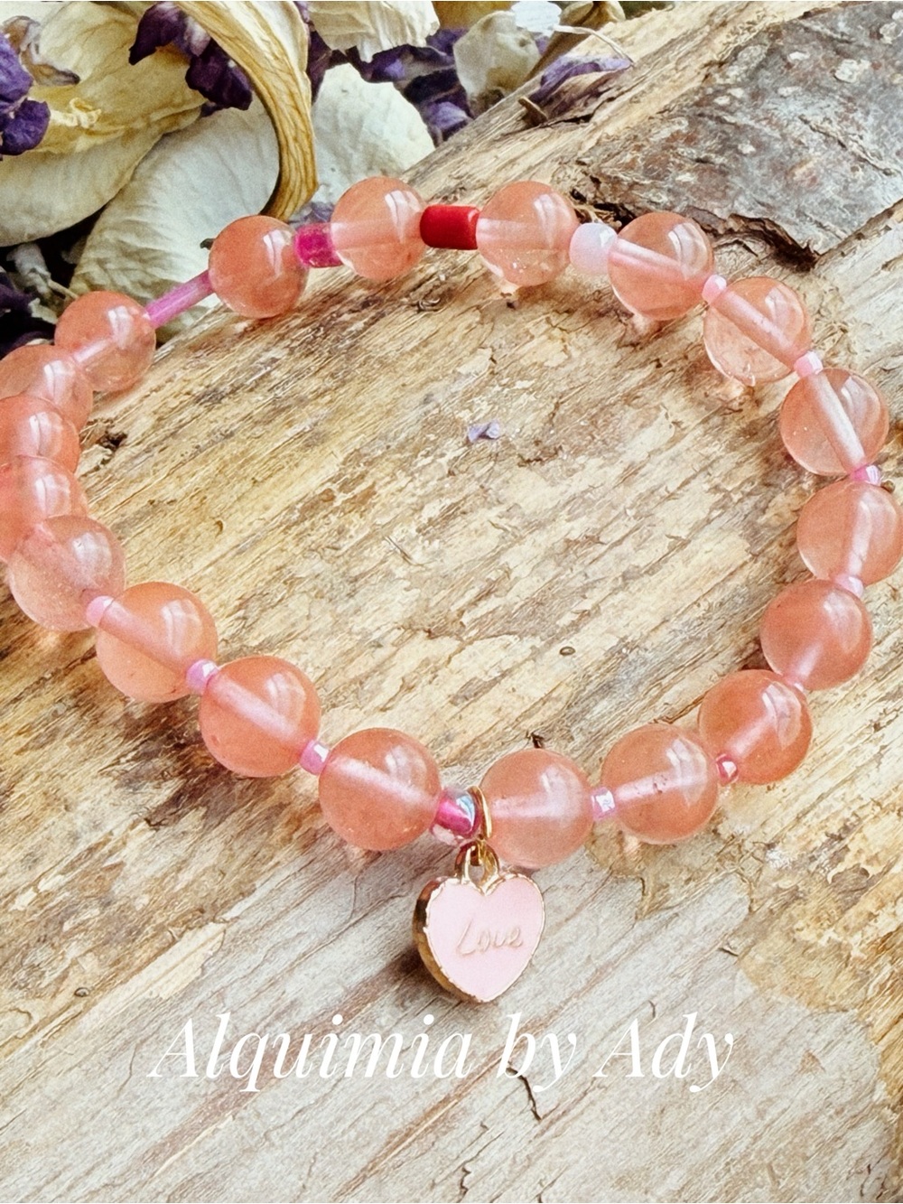 Cherry Quartz Peach-Pink Beaded Bracelet with Heart Charm